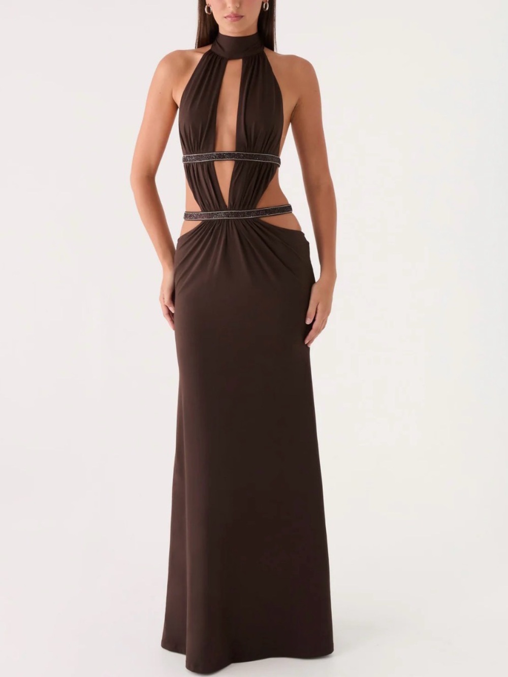 Peppermayo Brown Backless Cutout Halter Gown